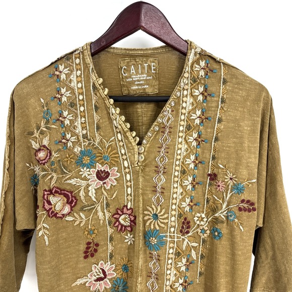 CAITE Embroidered Top Womens Small Bohemian Cotton Half Sleeve Brown Anthro - Picture 5 of 10